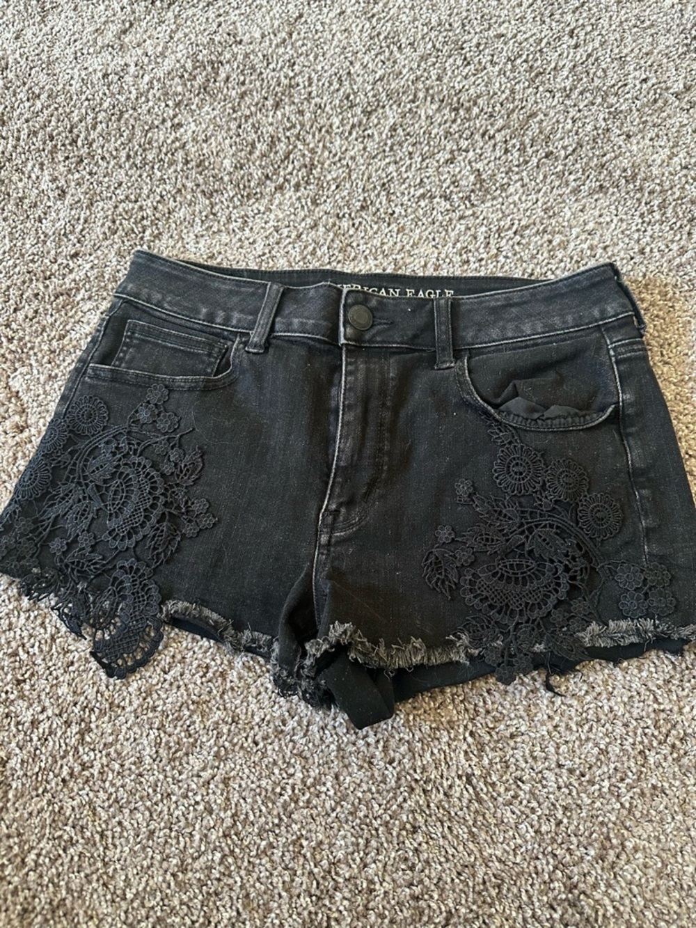American Eagle Outfitters Black Denim Shorts with Lace Appliqué